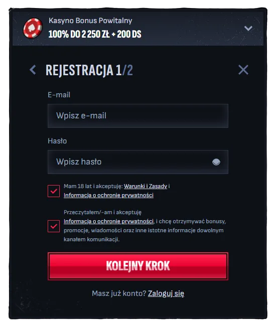 Rejestracja w Mafia Casino